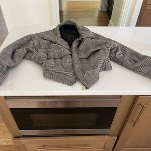 Zara Houndstooth Black & Cream Cropped Zip Bomber Jacket Size Small